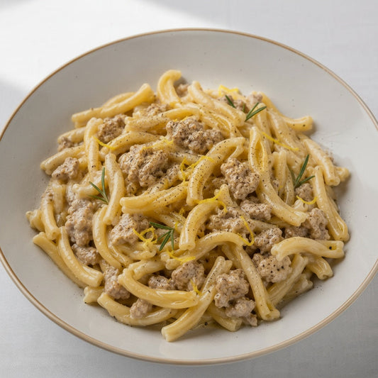 Casarecce al ragù bianco di vitello, limone e rosmarino